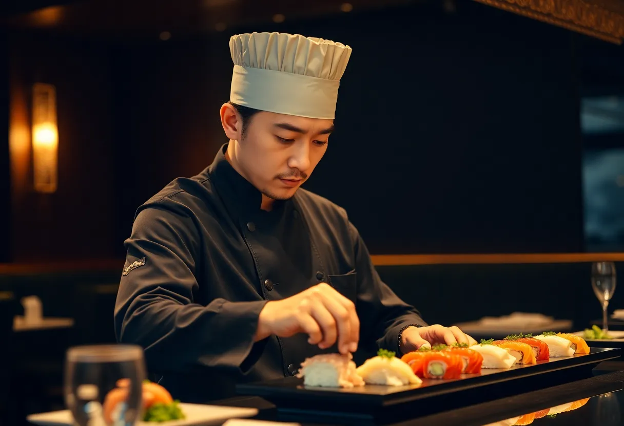 Chef Takeshi Yamamoto pr&eacute;parant des sushis avec pr&eacute;cision
