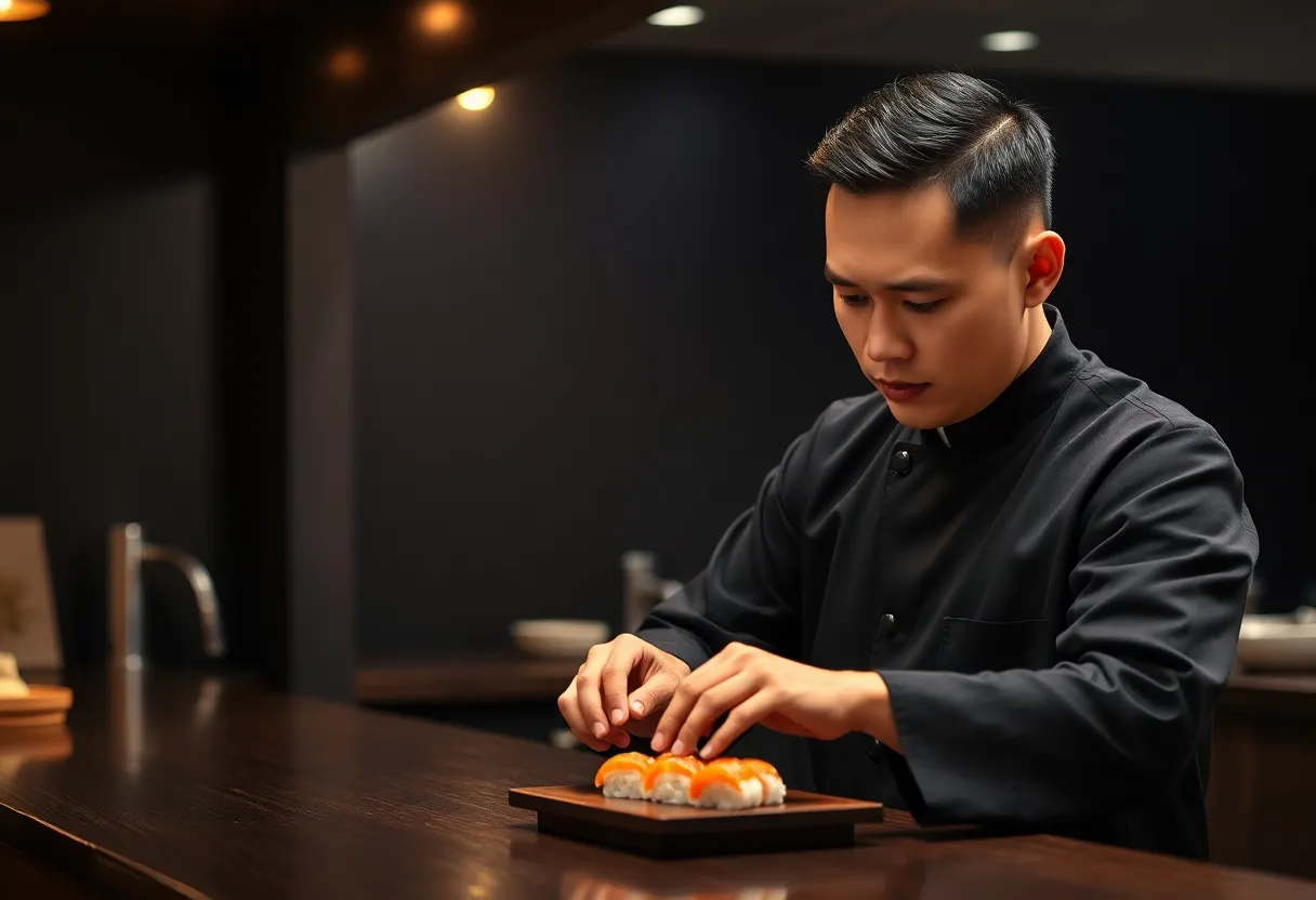 Chef en train de pr&eacute;parer des sushis