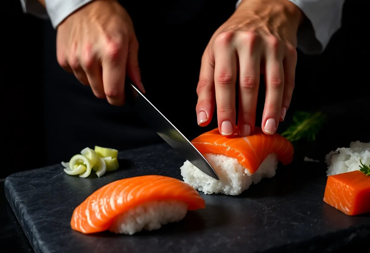 D&eacute;coupe pr&eacute;cise du saumon frais